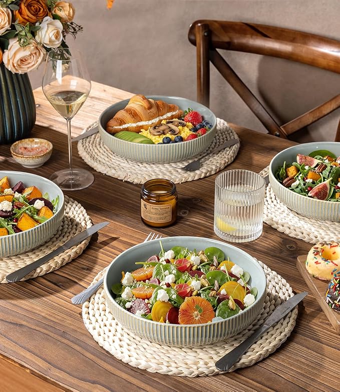 theterra 8.5'' Ceramic Pasta Bowls, Salad Bowls Set of 4, Stoneware Serving Bowls for Fruits, Noodle, Dinner, House-warming Wedding Present, Desert Sage
