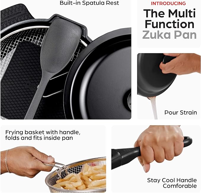 ZUKA 10 in 1 Ceramic Pan by Granitestone, Large 10 Inch Saute Pan with Lid Serves as Deep Frying Pan Set with Steamer, Everyday Skillet, Non Toxic Ceramic Nonstick, Induction Oven & Dishwasher Safe