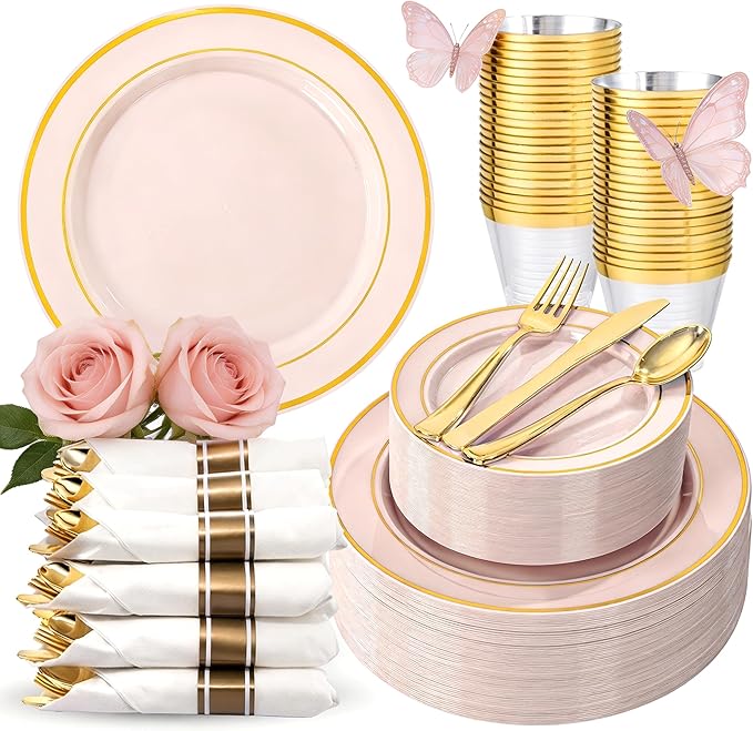 WDF Partyware 350PCS Pink Disposable Plates - Pink Plastic Plates 50Guests Plastic Dinnerware Sets with Rolled Napkins for Wedding/Birthday/Baby shower/Mother's Day