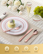 Goodluck 320PCS Rose Gold Disposable Plastic Dinnerware Set for 40Guests, Include 40 Dinner Plates, 40 Dessert Plates, 40 Napkins with Silverware, 40 Cups, 40 Champagne Glasses, for Christmas, Wedding