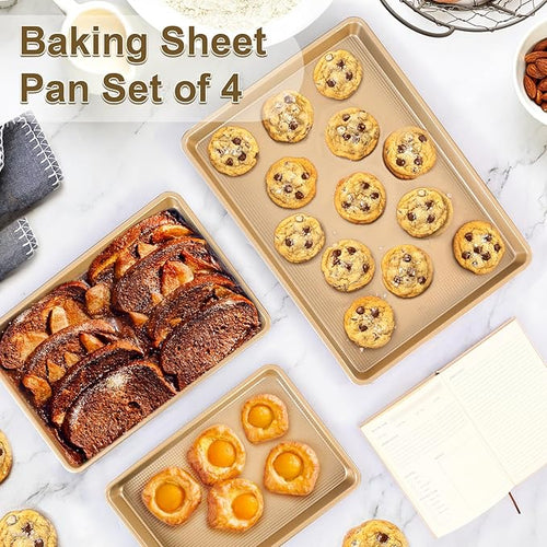 4Pcs Bakeware Set | 3 Baking Sheets and 1 Recipe Notebook Combo | Nonstick Cookie Sheets for Baking Supplies | No Rust & No Toxic Heavy Duty 3 Baking Trays 18''+15''+13'' & 1 Blank Recipe Book