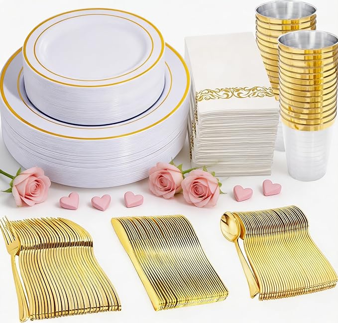 350 Pieces White and Gold Plastic Plates - 50 Guest Dinnerware Set Include 100 Plates, 50 Gold Plastic Silverware, 50 Paper Napkins and 50 Cups for Wedding/Baby Shower/Spring/Birthday/Mother's Day