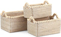 Set of 3 Seagrass Woven Storage Basket with Handles, Natural Wooden Bead Decoration for Blankets Toys Clothes Shoes Organizer, Cube Bins for Shelves Living Room Bedroom Nursery Home Decor