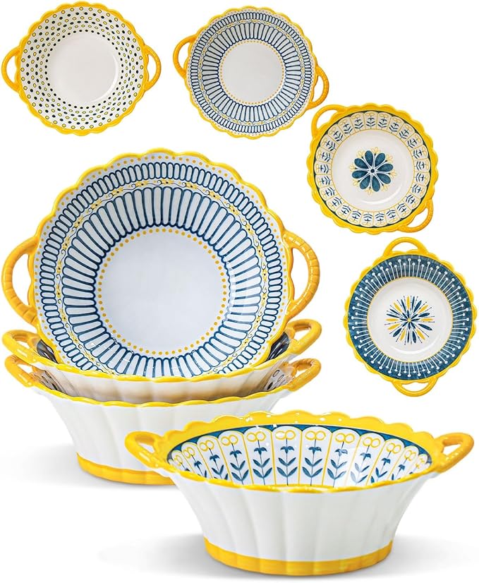 Yeacccng Bohemian Soup Bowls with Handles Set of 4, 20 Oz Indented Grooved Ceramic Bowls, 6.5 Inch French Onion Soup Bowls, Lead-Free, Scratch-Resistant, Oven/Microwave Safe