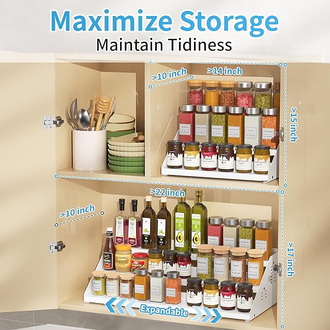 Spice Rack, Spice Organization for Cabinet - Expandable Width, 3 Tiered Spice Rack Organizer for Cabinet - Adjustable Height, Seasoning Organizer for Cabinet, Countertop, Pantry, White