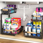 PXRACK Under Sink Organizer, Adjustable Height, 2 Tier Pull Out Under Cabinet Organizer, Slide Out Thickened Metal Under Sink Storage for Kitchen Bathroom Laundry Pantry Cabinet, Black, Small-2-Pack