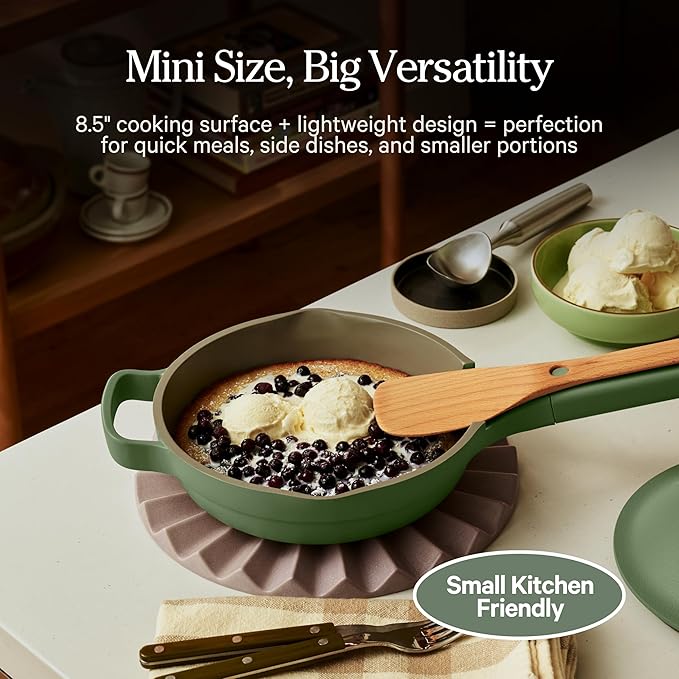 Our Place Mini Always Pan | 8.5" Ceramic Pan with Modular Lid & Beechwood Spatula | Patented 10-in-1 Nonstick, Non-Toxic Cookware Made Without PFAS | Induction & Oven-Safe up to 450°F | Sage