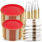 KIRE 350PCS Red Plastic Plates - Heavy Duty Red Plates Disposable - 50Guest Plastic Dinnerware Include 50Dinner Plate,50Dessert Plate,50Pre Rolled Napkins with Silverware for Valentine's Day&Wedding
