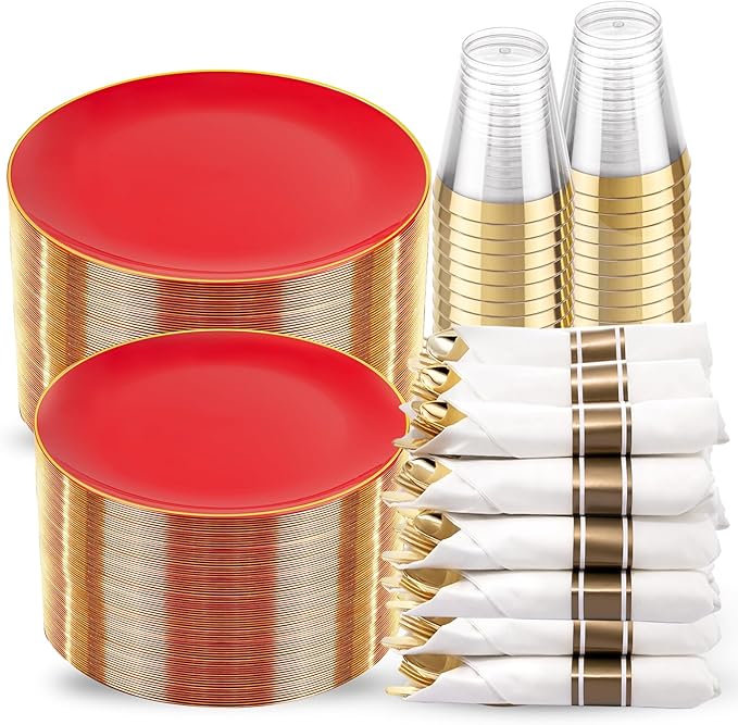 KIRE 350PCS Red Plastic Plates - Heavy Duty Red Plates Disposable - 50Guest Plastic Dinnerware Include 50Dinner Plate,50Dessert Plate,50Pre Rolled Napkins with Silverware for Valentine's Day&Wedding