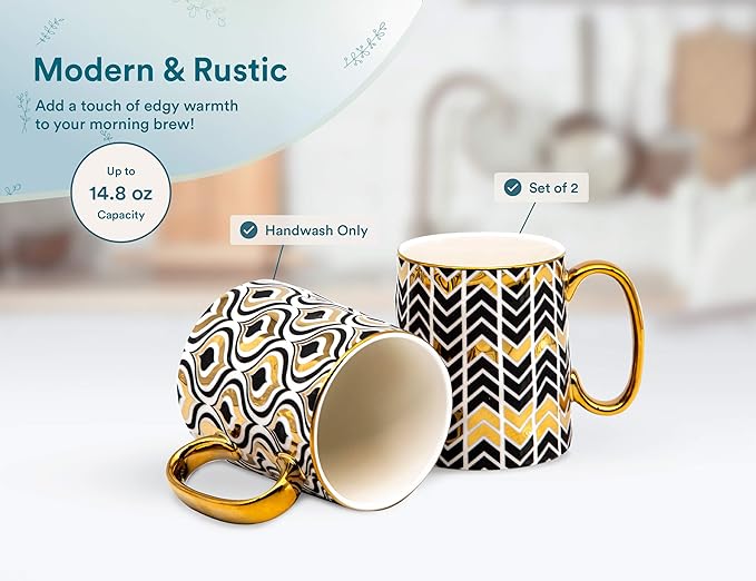 KooK Gold Coffee Mugs, Coffee Mug Set, Tea Cups with Handles, Porcelain, Geometric Design, 14.8 oz, Black and Gold, Set of 2