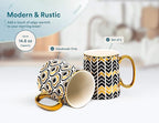 KooK Gold Coffee Mugs, Coffee Mug Set, Tea Cups with Handles, Porcelain, Geometric Design, 14.8 oz, Black and Gold, Set of 2