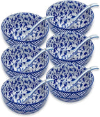 Japanese Ceramic Bowls Set of 6, 28 Oz Large Asian Porcelain Ramen Soup Salad Cereal Noodle Bowl with 6 Spoons, Deep Bowl for Kitchen Decor and Housewarming Gift, Dishwasher & Microwave Safe