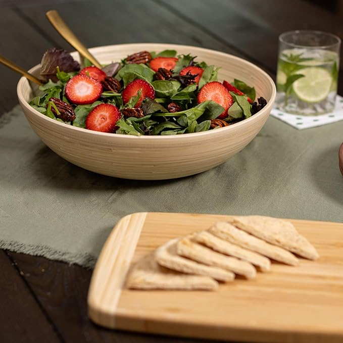 LEXA 12" Handmade Bamboo Salad Bowl – 130 oz Large Wooden Fruit Bowl for Kitchen Counter, Natural Bamboo, Pack of 2