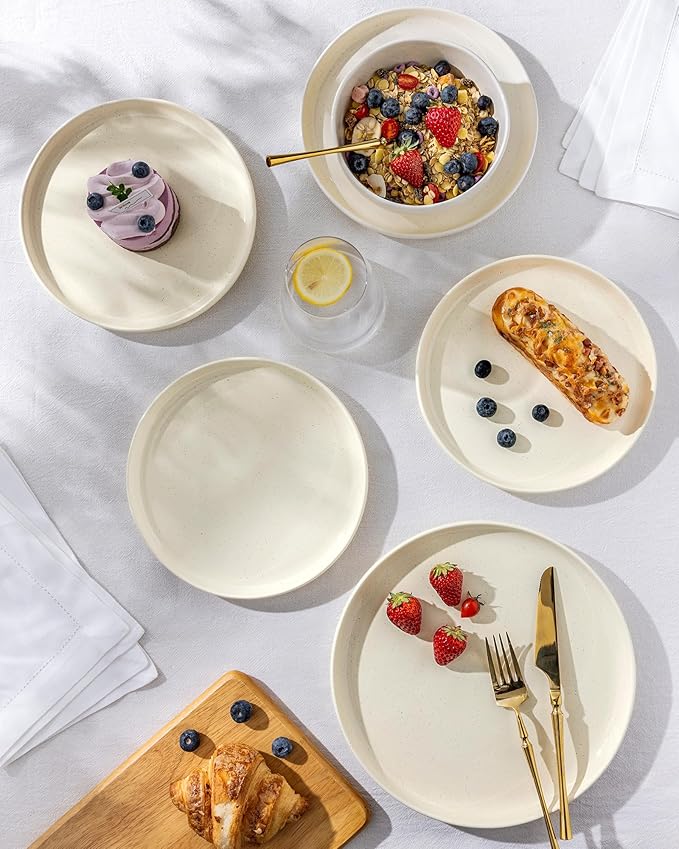 TheTerra Ceramic Dinnerware Sets for 4, 12 Pieces Porcelain Lightweight Plates and Bowls Sets, Scratch Resistant Dish Set, Oven & Microwave & Dishwasher Safe, Ivory Speckled