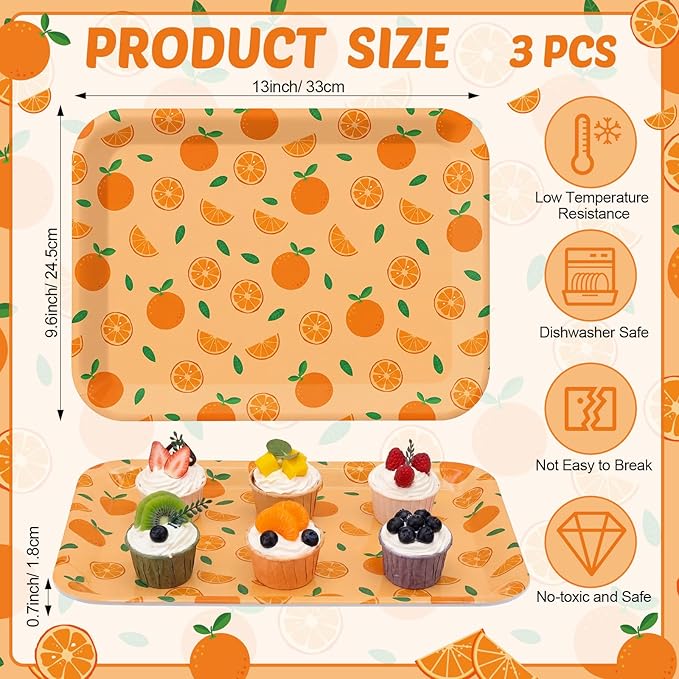 Vesici 3 Pcs Little Cutie Serving Trays 13 x 10 Inch Orange Fruit Melamine Platters Reusable Rectangular Serving Dishes for Party Summer Birthday Baby Shower Sharing Snacks Fruit Dessert Candy