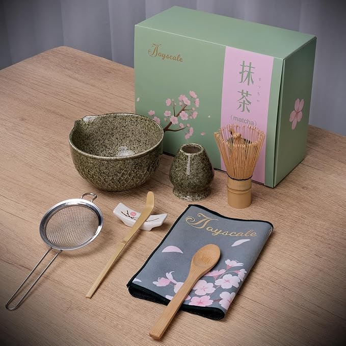 Joyscale Matcha Whisk Set, Matcha Set Whisk And Bowl, 8 Pcs Matcha Kit Set(Texture Design), 16 OZ, Japanese Matcha Tea Set, Matcha Making Kit Gifts for Tea Lovers(Mottled Green)