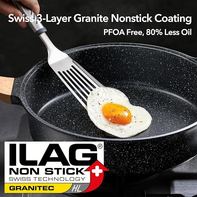 Nonstick Deep Frying Pan with Lid, 5.3 QT Swiss Granite Coating Sauté Pan, 13 Inch Healthy Non Stick Skillet Cooking Pan and Helper Handle with Silicone Cover, PFOA Free, Induction Ready.