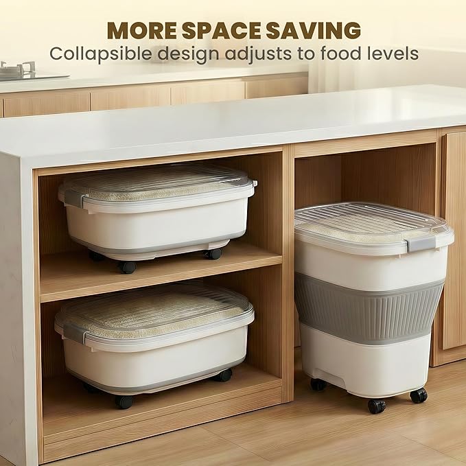 25-50Lbs Rice Container,Collapsible Food Storage Containers with Airtight Clear Lid,Wheels,Rice Storage Container with Small Bin and Scoop,Rice Dispenser for Flour Sugar Cereal Grain Dog Cat