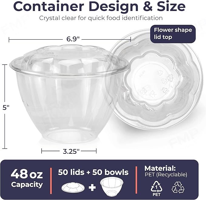 Fit Meal Prep 50 Pack 48 oz Disposable Plastic Clear Salad Bowls with Airtight Lids - To Go for Lunch, Takeout, Party, Catering, Picnic