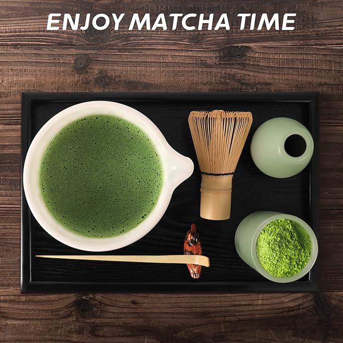 Artcome Japanese Matcha Tea Set, Matcha Bowl with Pouring Spout, Black Tea Tray, Matcha Whisk, Ceramic Whisk Holder, Matcha Powder Caddy, Handmade Matcha Ceremony Kit For Japanese Tea Ceremony (10Pcs)