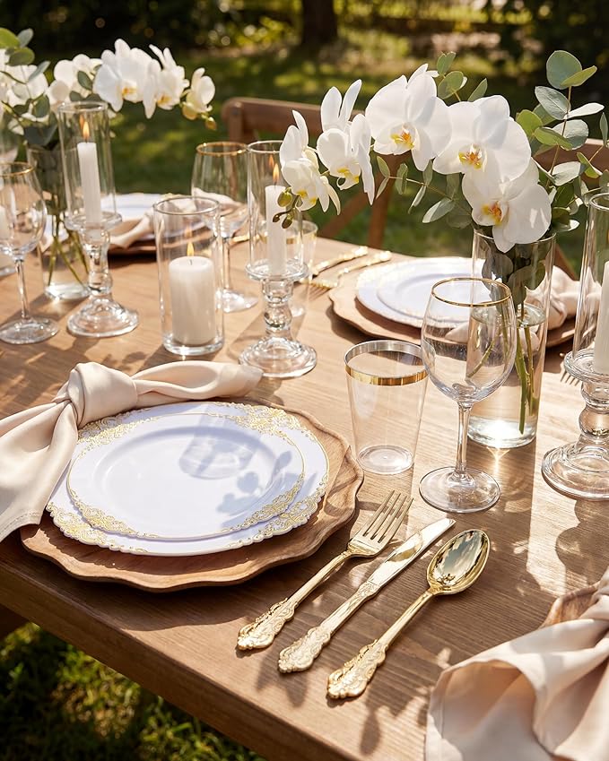 Nervure 175PCS White and Gold Plastic Plates - Disposable Dinnerware Set Include 50 Gold Plates for Dinner and Dessert, 75 Cutlery, 25Cups 25Napkins for Wedding & Party & Thanksgiving