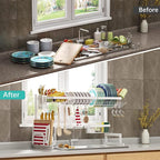 PUSDON Over Sink Dish Drying Rack Stainless Steel, Adjustable Large Dish Drainer for Storage Kitchen Organization White 2 Tier - Standard(26"-38")