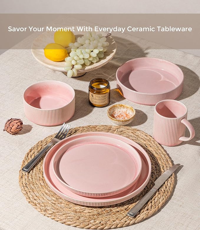 GBHOME 12-Piece Stoneware Dinnerware Set for 4 – Ribbed Ceramic Plates and Bowls, Scratch-Resistant, Microwave & Dishwasher Safe, Reactive Glaze, Blush Veil