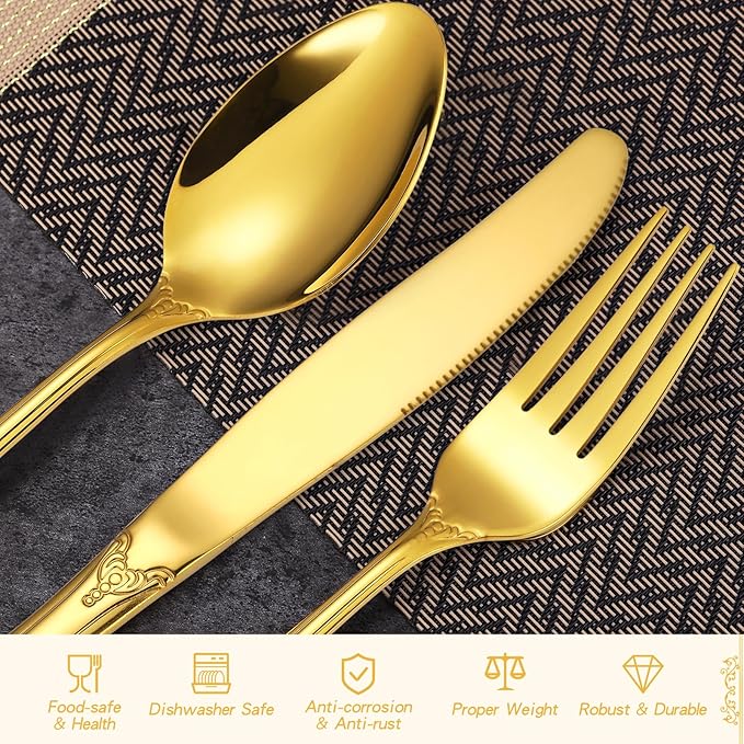 20 Pieces Gold Gorgeous Retro Silverware Set For 4, Flatware Set 18/0 Stainless Steel,Service for 4,Anti-rust Dark Utensils Fork Spoon Knife,Antique Baroque Style Cutlery Set,Dishwasher Safe
