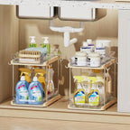 Delamu 2 Tier Bathroom Under Sink Organizers and Storage with Hook, Multi-Purpose Cabinet Drawers with Movable Dividers, Pull Out Organization for Countertop, Kitchen and Pantry(Wood Grain, 4 Pack)
