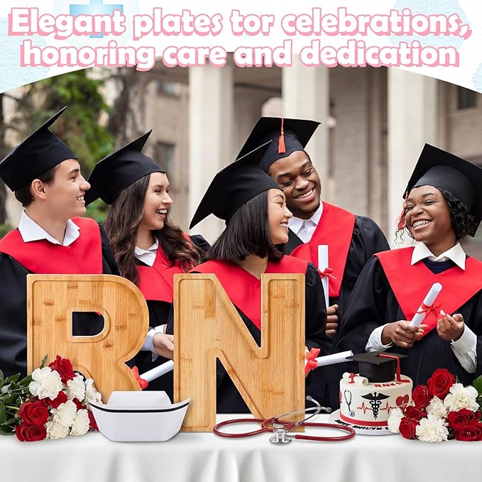 Bucherry 2 Pcs RN Graduation Party Decoration 10'' Nursing Wooden Food Tray RN Letters Charcuterie Board Candy Cake Dessert Wood Serving Platter for Class of 2026 Congrats Grad Table Centerpiece Decor