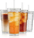 INSETLAN 20oz Hobnail Glass Cups with Lids and Glass Straws – 4 Pieces, Thick-Walled Glass Tumblers for Iced Coffee, Smoothies, Milk, Water, Juice, and More – Elegant and Durable Drinking Glasses