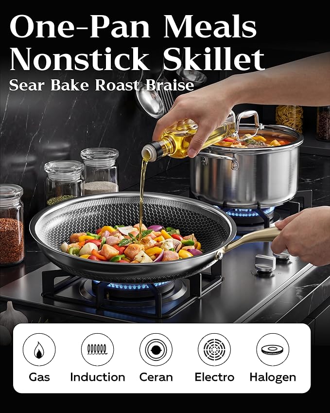 Honeycomb Stainless Steel Nonstick Frying Pan with Lid 8 Inch, Induction Cooktop Compatible Skillet, PFOA-Free Scratch-Proof, Dishwasher & Oven Safe, Stay-Cool Handle, Gold Kitchen Cookware