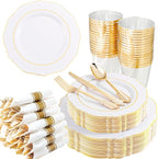 Liacere 350PCS Gold Plastic Plates-Disposable White and Gold Plates 50guest Baroque Plastic Dinnerware include 100Plates, 50Pack Pre Rolled Napkins with Silverware 50Cups for Wedding & Mothers Day
