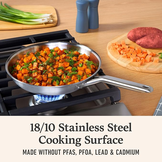 Calphalon Brushed 3-Ply Stainless Steel Cookware Set w/Turbo Heat Tech 3 Piece Includes Fry and Sauce Pan Set, Induction, Oven Safe 450F, Brushed Stainless Silver