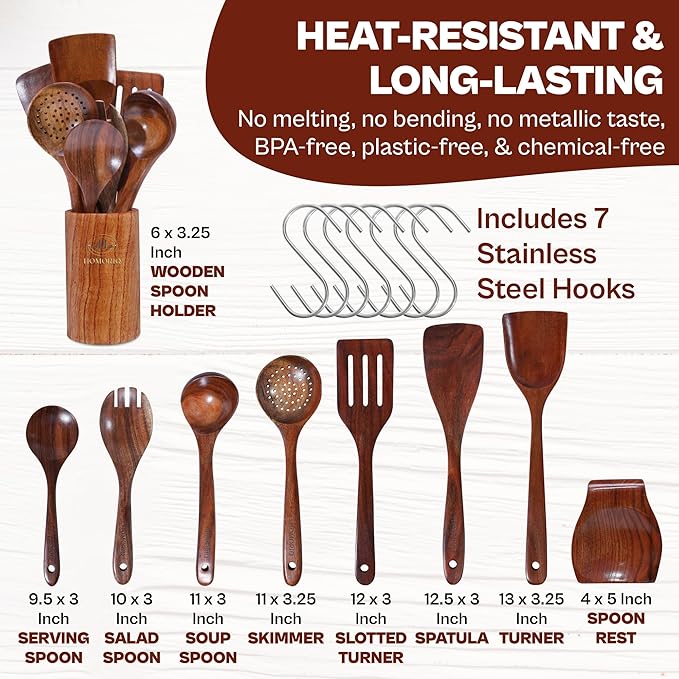 9 Piece Premium Teak Wooden Cooking Utensils Set- Spoons and Spatulas with Holder and Spoon Rest, Heat-Resistant, Non-Stick Safe, Lightweight Kitchen Tools (9)