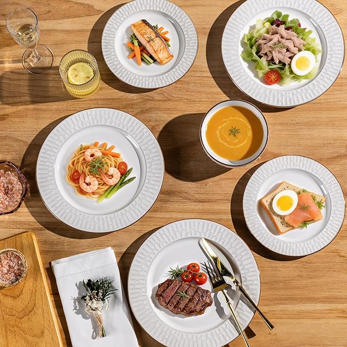 GBHOME Ceramic Dinnerware Sets,12 pcs Embossed Elegant Stoneware Plates and Bowls Sets, Housewarming Wedding Gift | Dishwasher & Microwave Safe | Dishes Set Service for 6