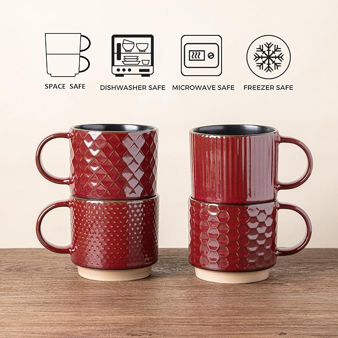 GBhome 8OZ Stackable Coffee Mugs, Ceramic Coffee Mugs with Texture Patterns for Man,Woman,Dad,Mom, Modern Coffee Cups Set of 4 for Espresso/Cappuccino. Dishwasher&Microwave Safe,Red