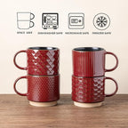 GBhome 8OZ Stackable Coffee Mugs, Ceramic Coffee Mugs with Texture Patterns for Man,Woman,Dad,Mom, Modern Coffee Cups Set of 4 for Espresso/Cappuccino. Dishwasher&Microwave Safe,Red