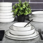 Gibson Home Oslo 16-Piece Porcelain Dinnerware Set, Service for 4 – White Plates with Black Rim, Microwave & Dishwasher Safe