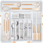 Homecor Silverware Organizer for Kitchen Drawer, Expandable Utensil Drawer Organizer with 2 Knife Block, Flatware and Cutlery Holder, Adjustable Plastic Storage for Spoons Forks Knives