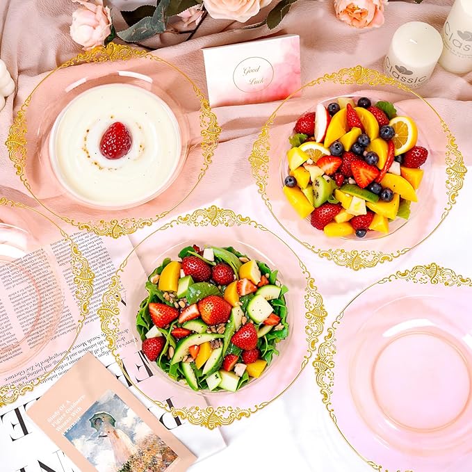 100PCS Clear Pink Plastic Bowls - 12 oz Pink Gold Disposable Salad Bowls - Heavy Duty Disposable Soup Bowl - Fancy Plastic Ice Cream Bowl for Weddings Parties Dinners Picnics Mother’s Day