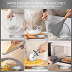 Silicone Cooking Utensils Set, 43Pcs Non-Stick Heat Resistant Kitchen Utensils Spatula Set with Wooden Handle for Baking, Cooking, and Mixing, Best Kitchen Gadgets Tools with Holder (Grey)