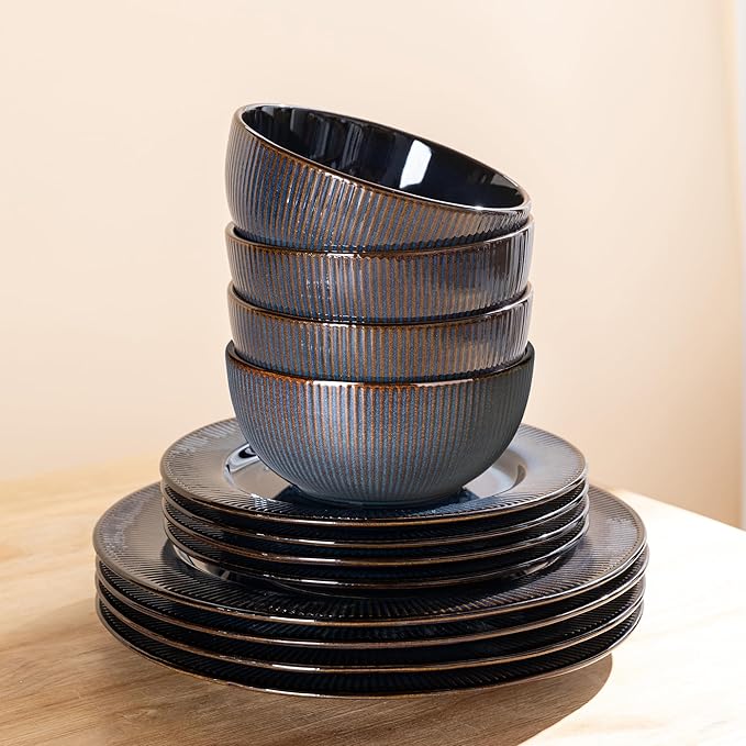 GBHOME Ceramic Dinnerware Sets,12 pcs Embossed Elegant Stoneware Plates and Bowls Sets, Housewarming Wedding Gift | Dishwasher & Microwave Safe | Dishes Set Service for 6