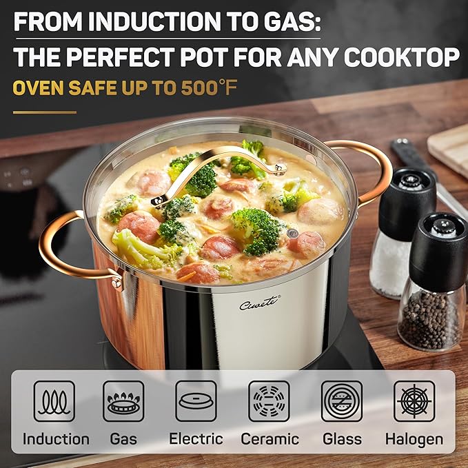 Stock Pot 12 Quart, 18/10 Tri-Ply Stainless Steel Whole Clad Stock Pot with Lid, Seamless 12 QT Cooking Pot with Copper Handle, Healthy Stockpots, Induction, Gas, Oven and Dishwasher Safe