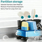 304 Stainless Steel Sink Caddy with Auto-Drain, Rustproof Kitchen Sink Organizer, Sponge Holder with Removable Brush & Towel Rack, Countertop Storage for Soap Dispenser, Kitchen Accessories, Black