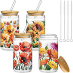 Mumufy 4 Pack Oil Flower Themed Gifts for Women Cute Glass Cup Tumbler Flower Iced Coffee Mugs 16 oz Glass with Bamboo Lid & Straw, Christmas Mothers Day Birthday Gift for Mom Sister Bridesmaid