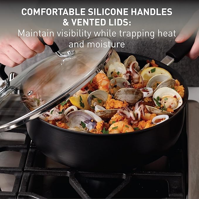 T-fal Ultimate Hard Anodized Nonstick Pots and Pans Set 14 Piece, Oven Broiler Safe 400F, Kitchen Cooking Set w/Fry Pans, Saucepans, Griddle, Dutch Oven, Dishwasher Safe, Cookware, Black