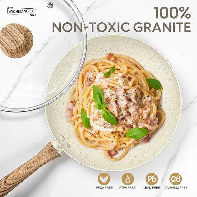 MICHELANGELO 8 Inch Frying Pan with Lid, Nonstick Fry Pan with Granite Coatings, Healthy & Non-Toxic Small Skillet, Induction Compatible