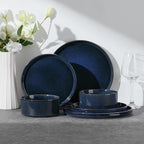 E-far Stoneware Dinnerware Sets for 2, 6-Piece Plates and Bowls Sets, Chip & Scratch Resistant Ribbed Dish Set for Home Restaurant, Microwave & Dishwasher Safe, Midnight Blue