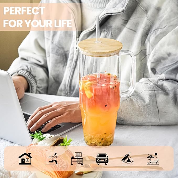 Glass Cups with Lids and Straws 40 oz Glass Tumbler with Straw and Lid 2 Pack Glass Tumbler with Handle Wide Mouth Iced Coffee Cups for Smoothies, Soda, Tea, with Bamboo Lids